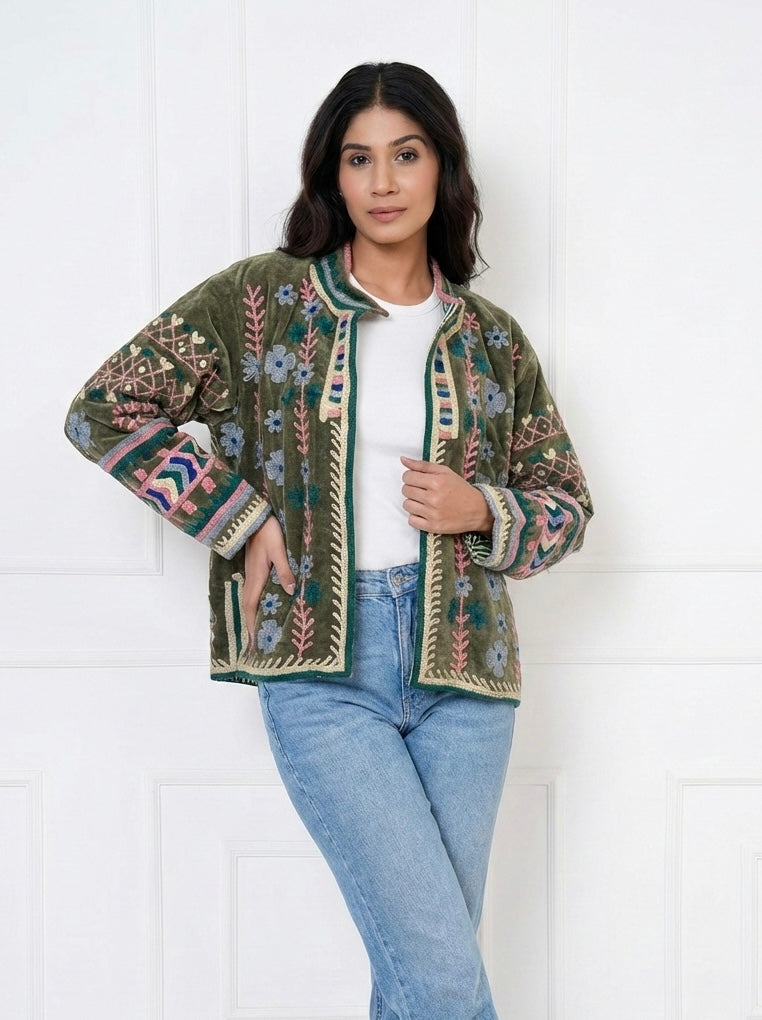 Olive Green Floral Embroidered Velvet Jacket