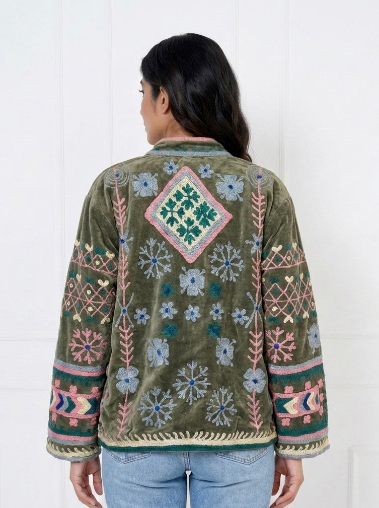 Olive Green Floral Embroidered Velvet Jacket
