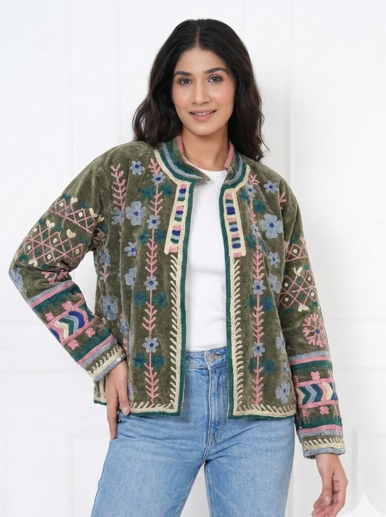 Olive Green Floral Embroidered Velvet Jacket