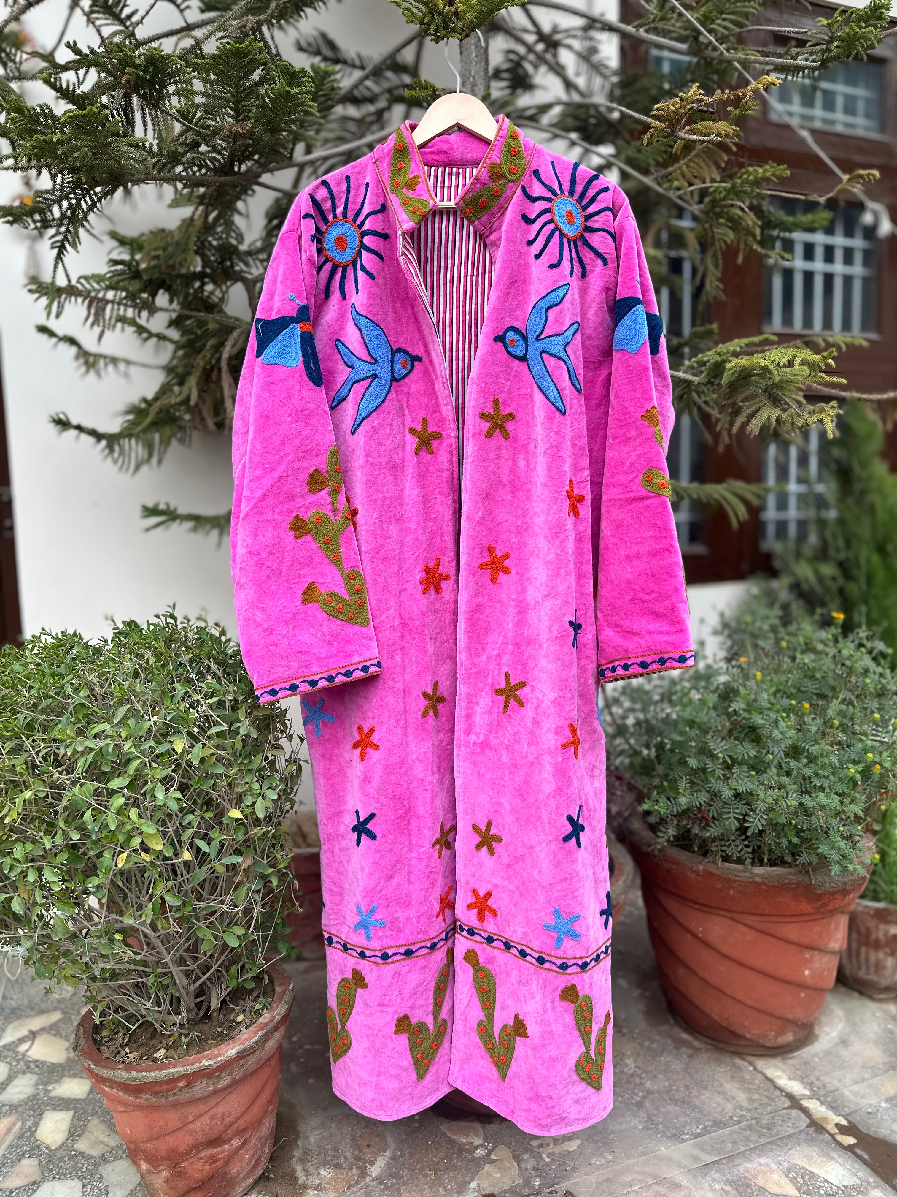 Baby Pink Bird Embroidered Velvet Long Jacket