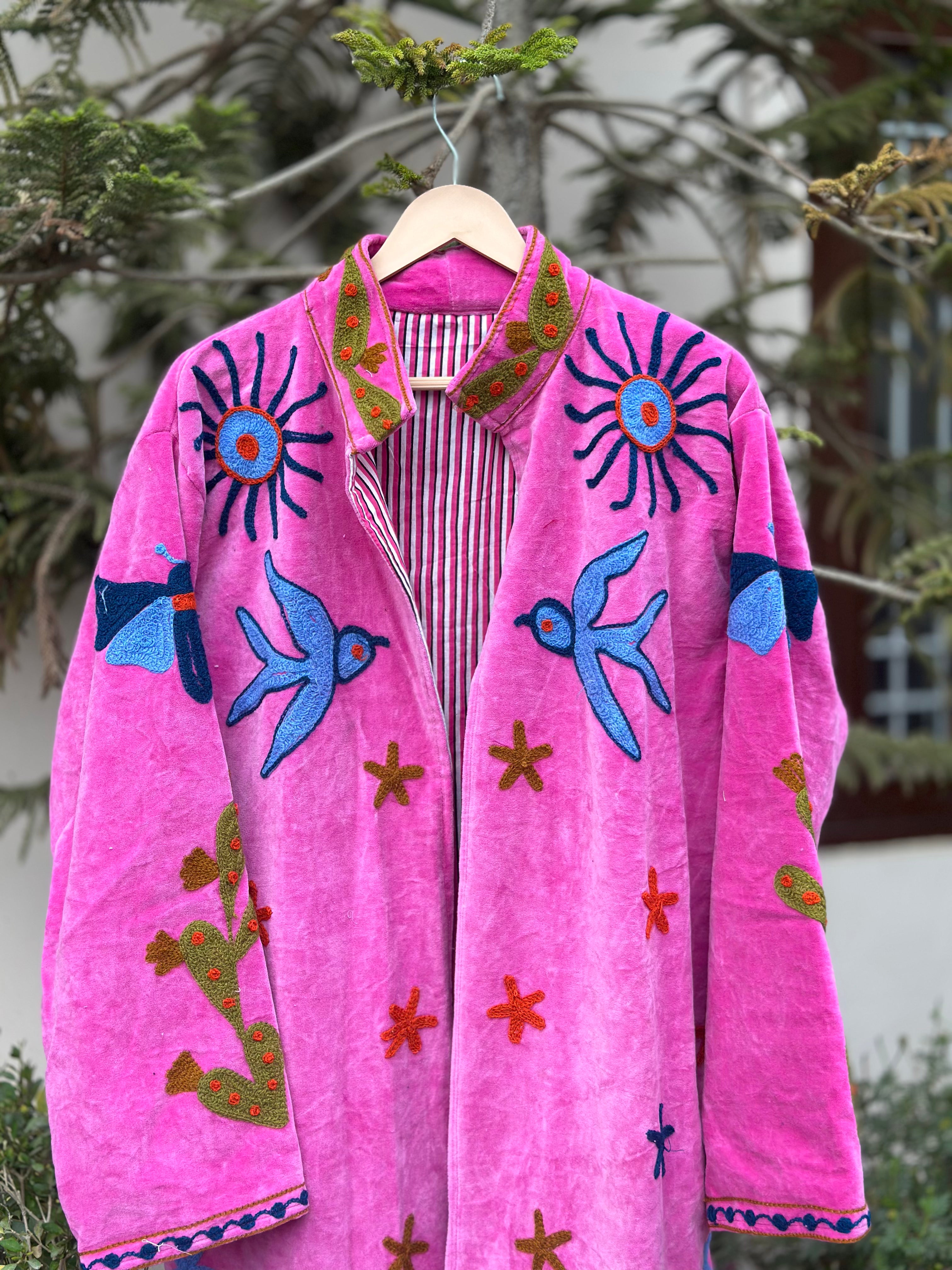 Baby Pink Bird Embroidered Velvet Long Jacket