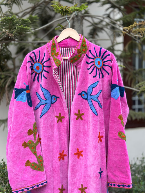 Baby Pink Bird Embroidered Velvet Long Jacket