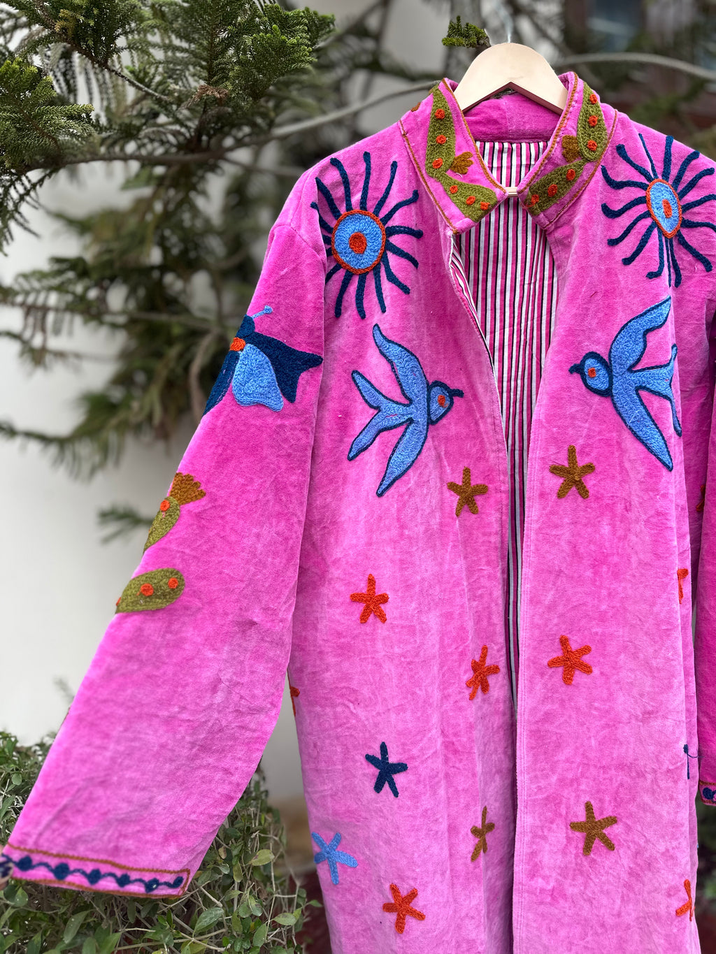 Baby Pink Bird Embroidered Velvet Long Jacket