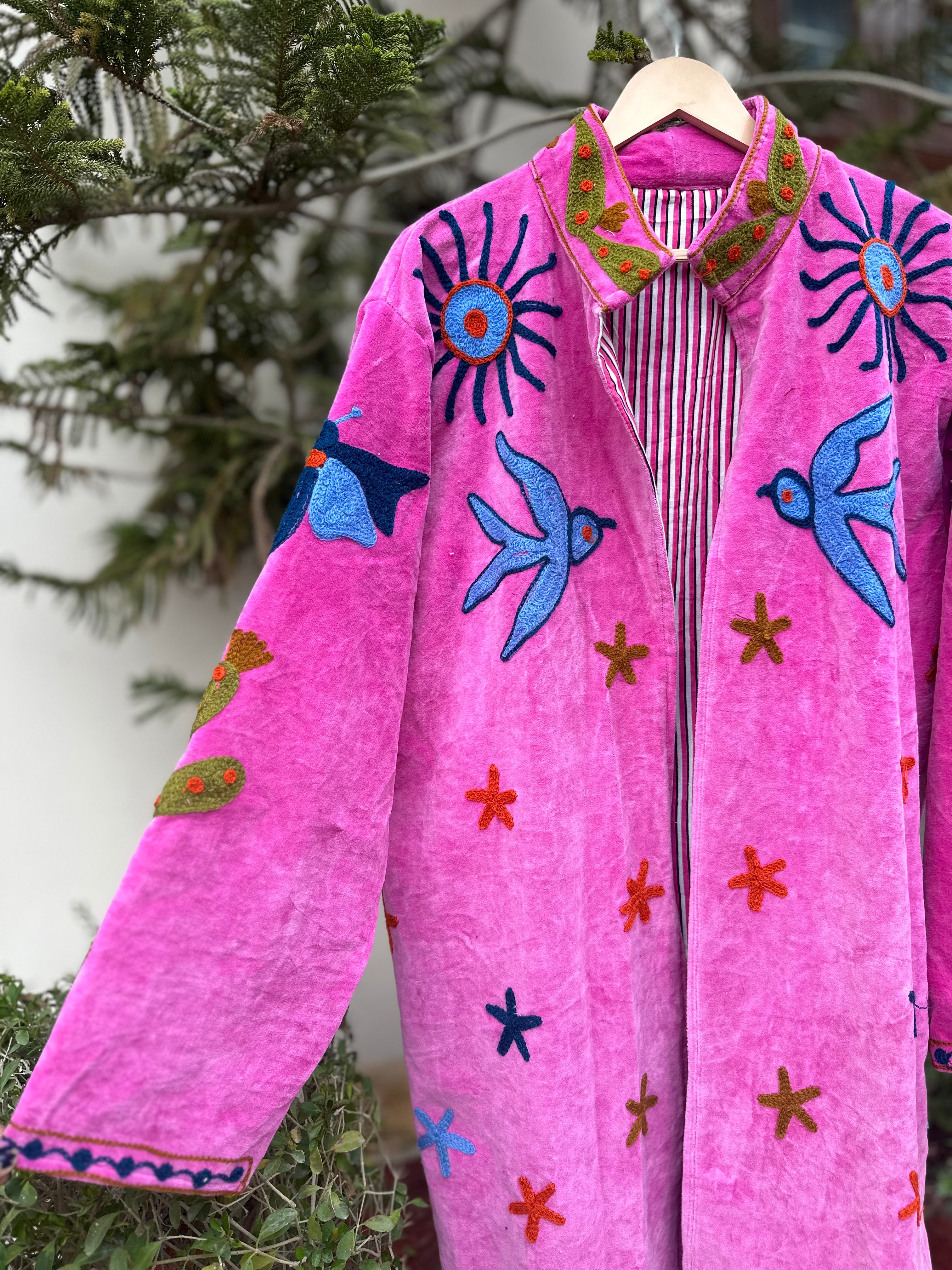 Baby Pink Bird Embroidered Velvet Long Jacket
