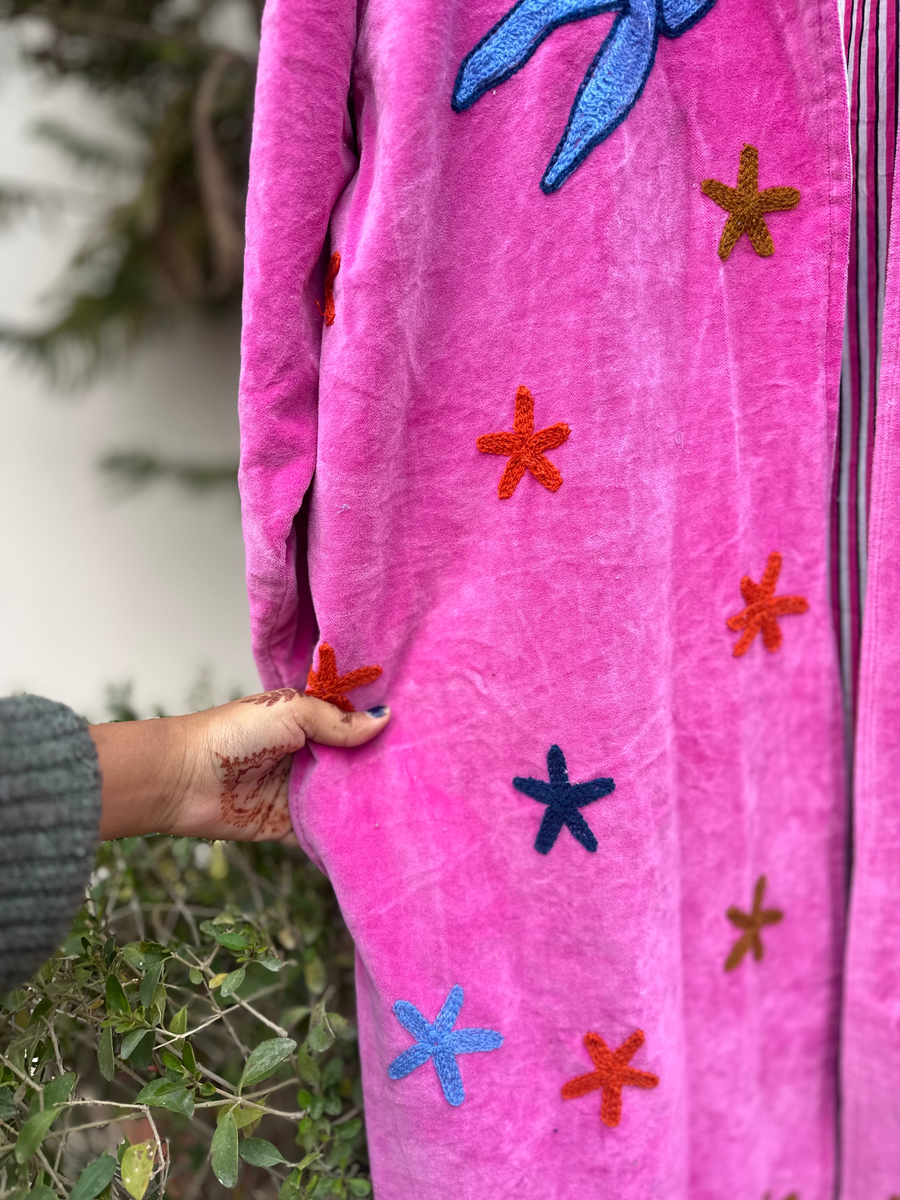 Baby Pink Bird Embroidered Velvet Long Jacket