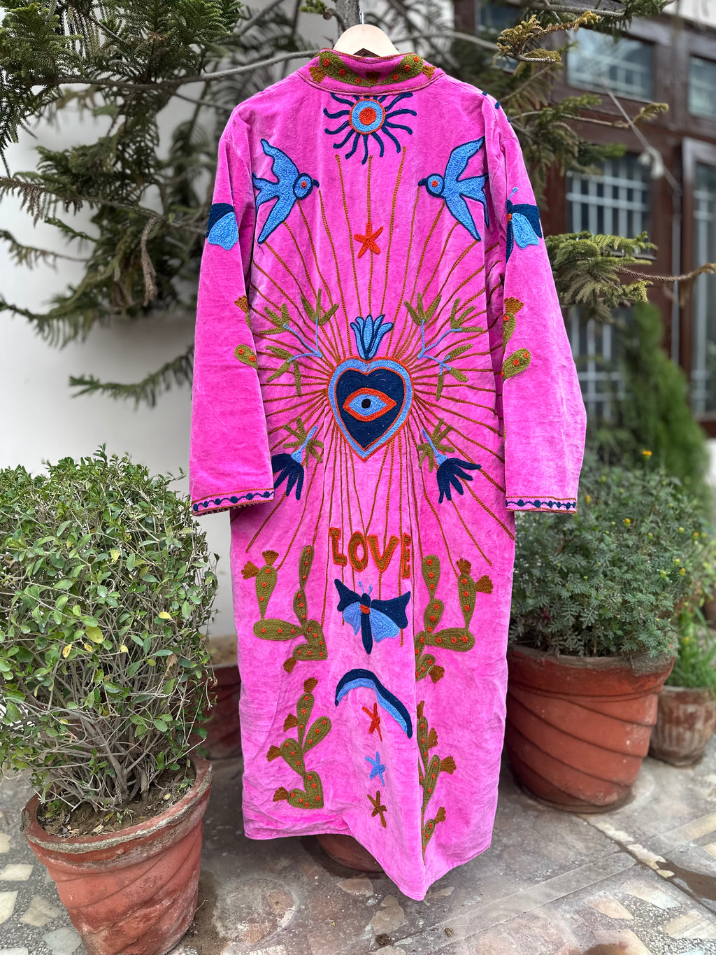 Baby Pink Bird Embroidered Velvet Long Jacket