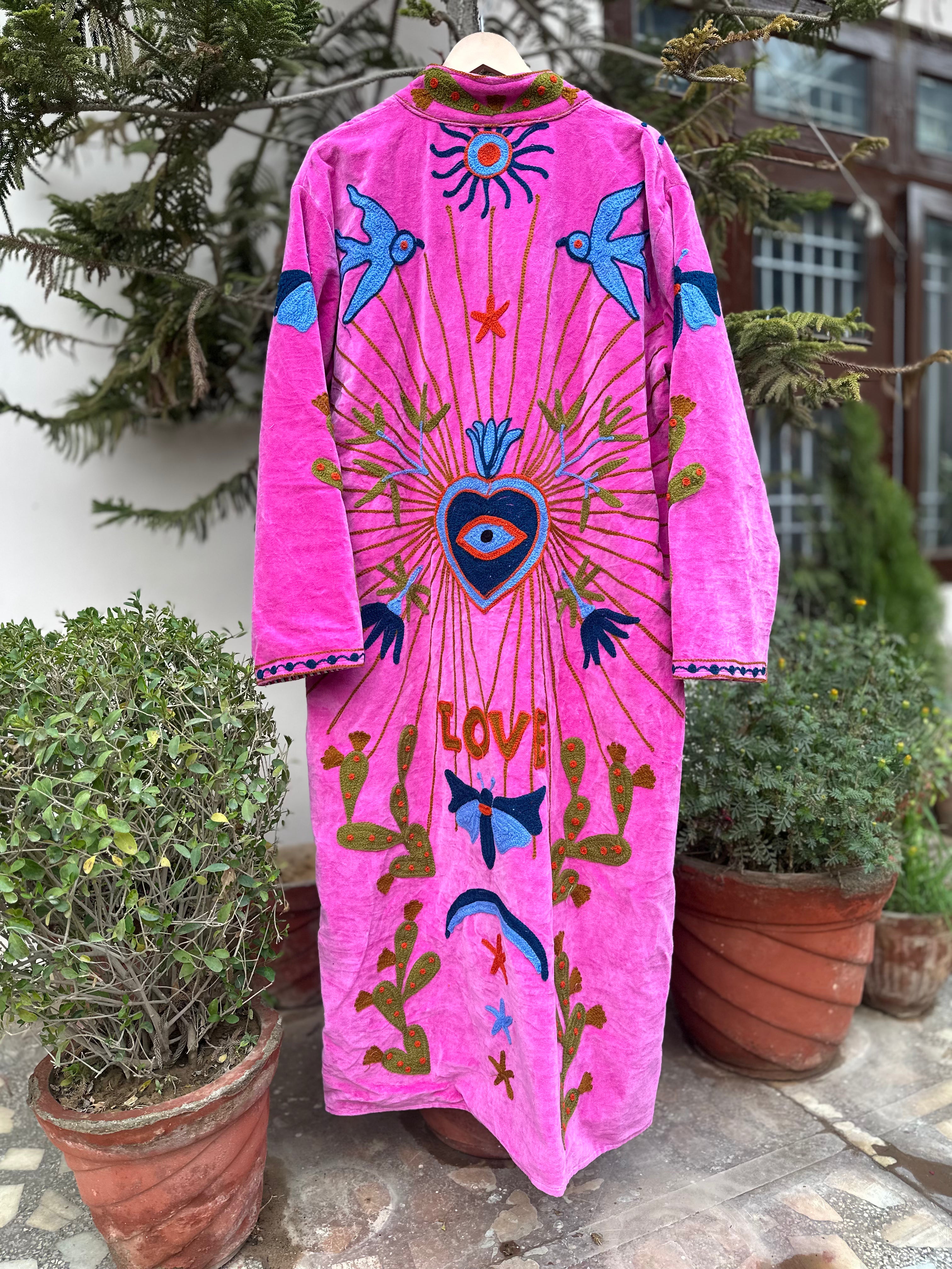 Baby Pink Bird Embroidered Velvet Long Jacket