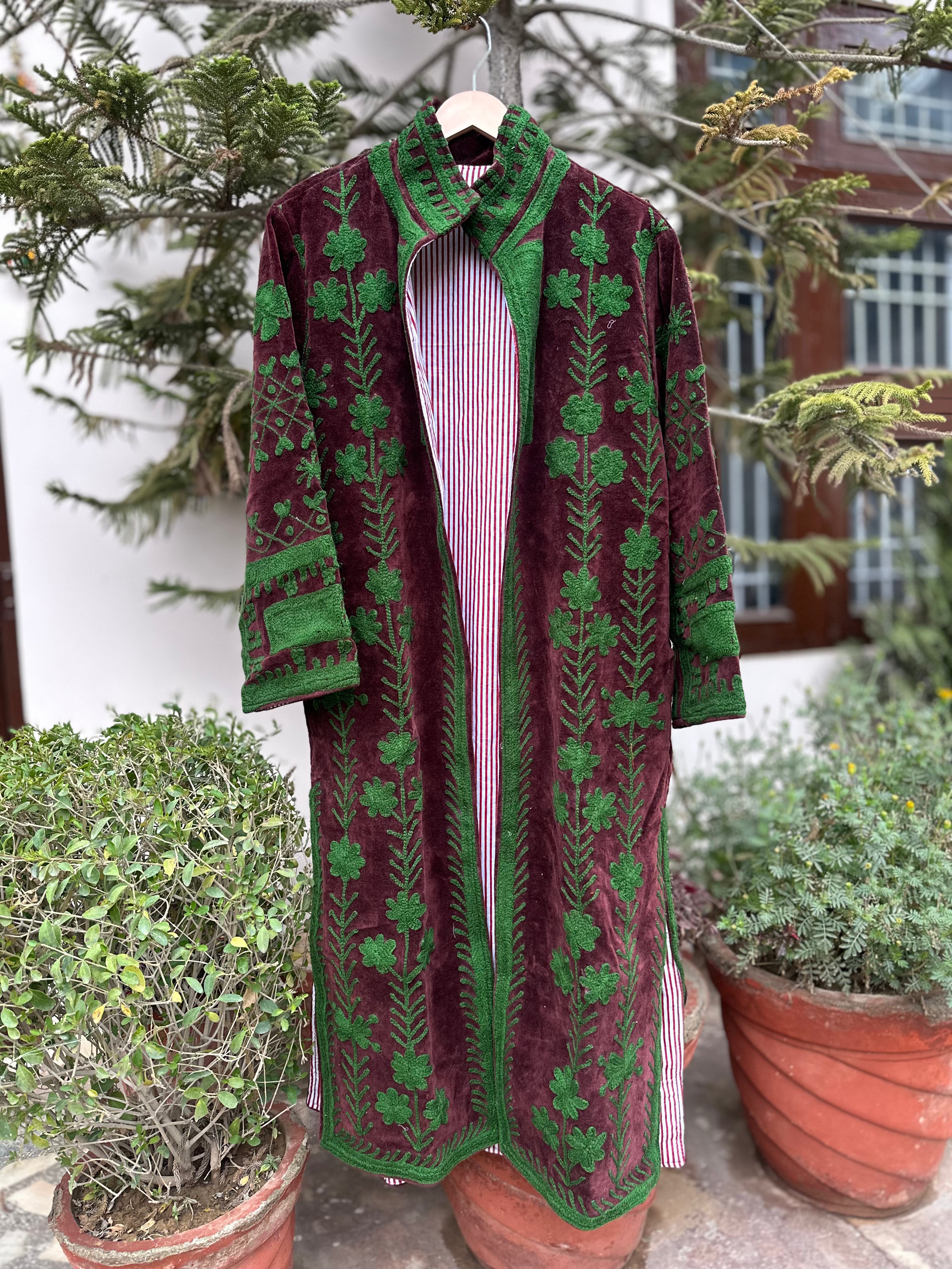 Burgundy Velvet Suzani with Green Floral Embroidery