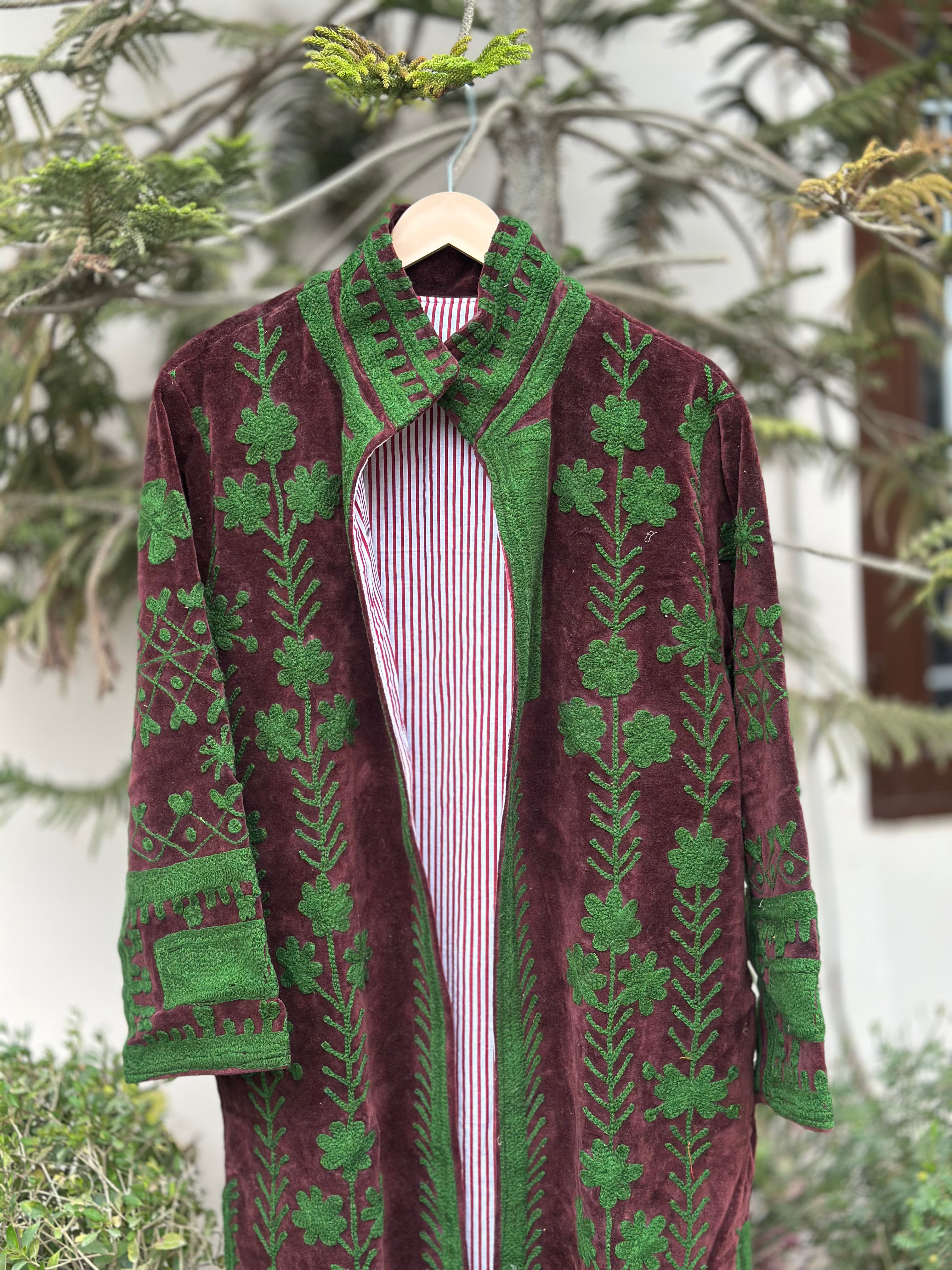 Burgundy Velvet Suzani with Green Floral Embroidery