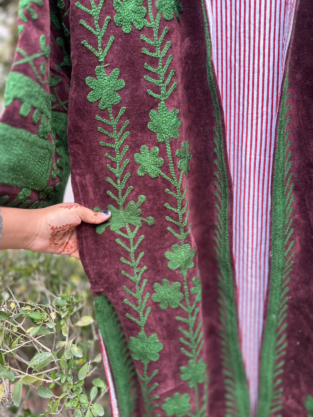 Burgundy Velvet Suzani with Green Floral Embroidery