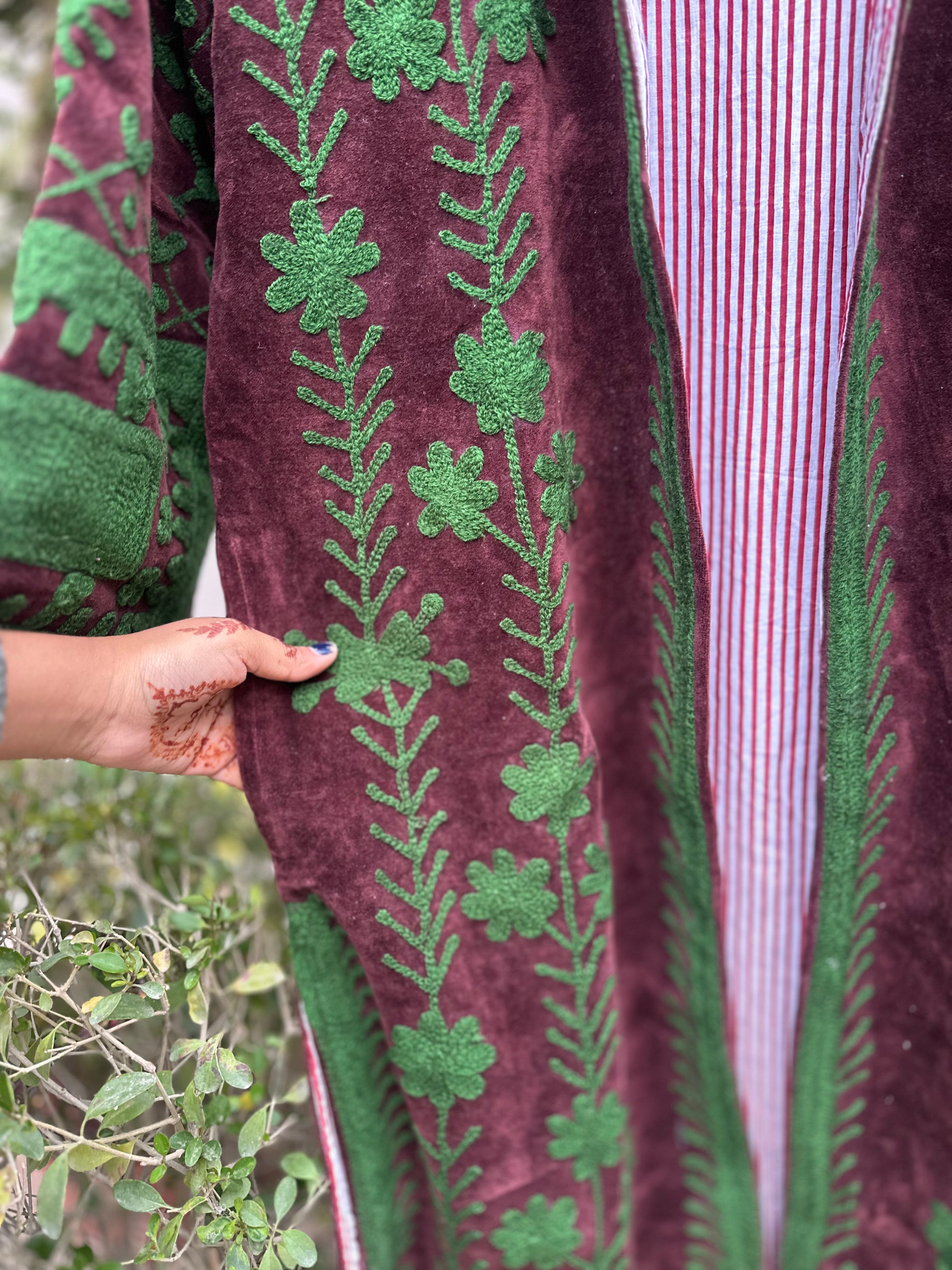 Burgundy Velvet Suzani with Green Floral Embroidery