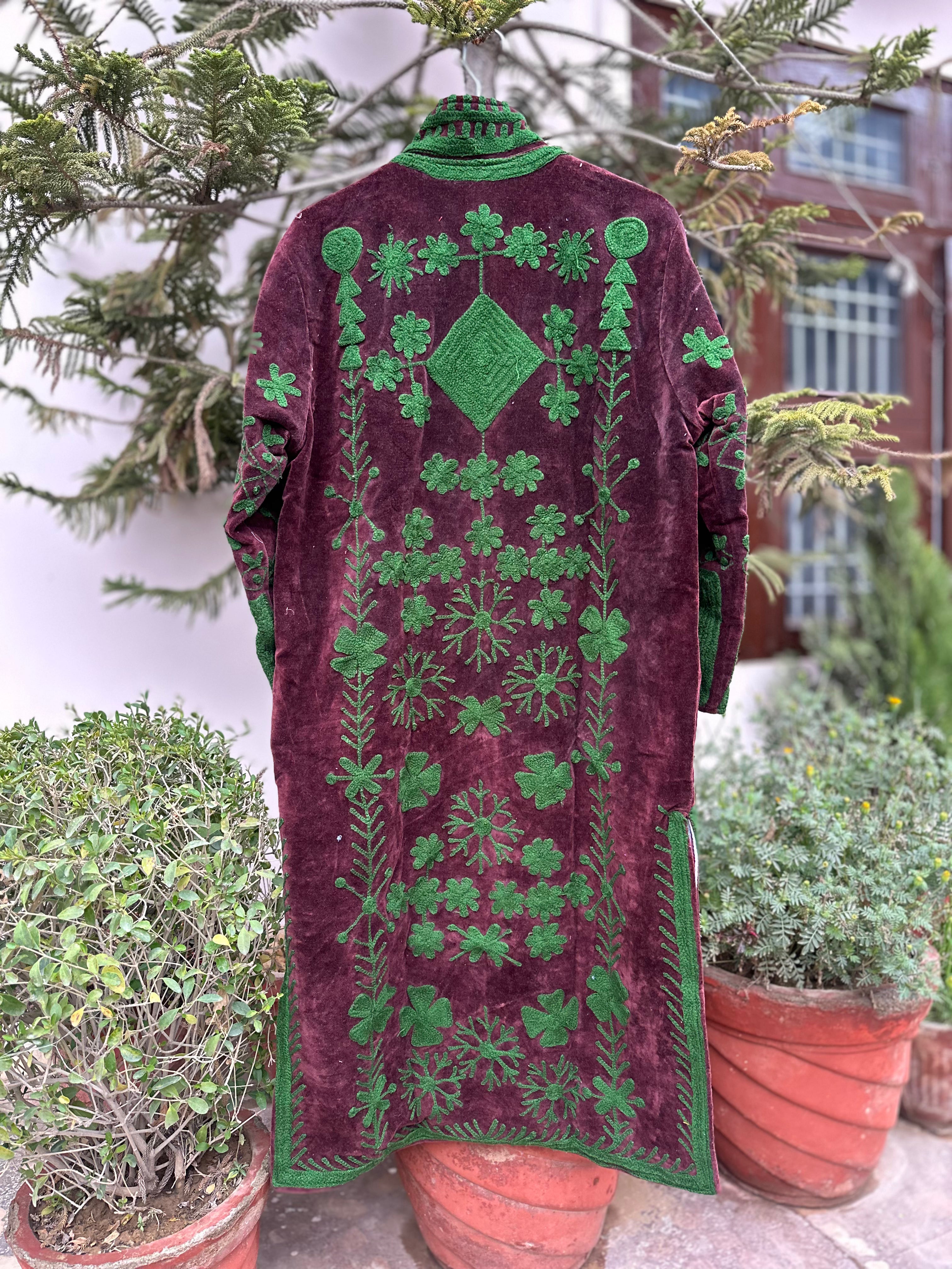 Burgundy Velvet Suzani with Green Floral Embroidery