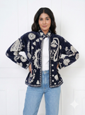 Midnight Blue Embroidered Velvet Jacket – Elegant Statement Layer