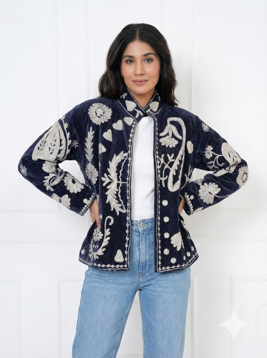 Midnight Blue Embroidered Velvet Jacket – Elegant Statement Layer