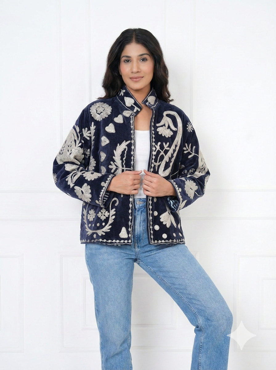 Midnight Blue Embroidered Velvet Jacket – Elegant Statement Layer