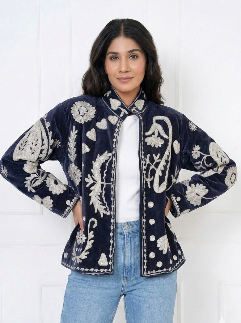 Midnight Blue Embroidered Velvet Jacket – Elegant Statement Layer
