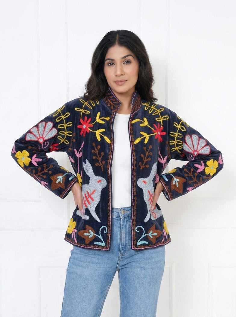 Dark blue Suzani Embroidered Velevt Jacket With Rabbit & Floral Motifs