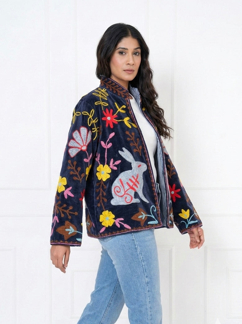 Dark blue Suzani Embroidered Velevt Jacket With Rabbit & Floral Motifs