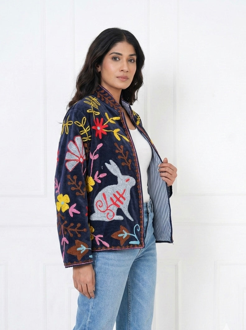 Dark blue Suzani Embroidered Velevt Jacket With Rabbit & Floral Motifs