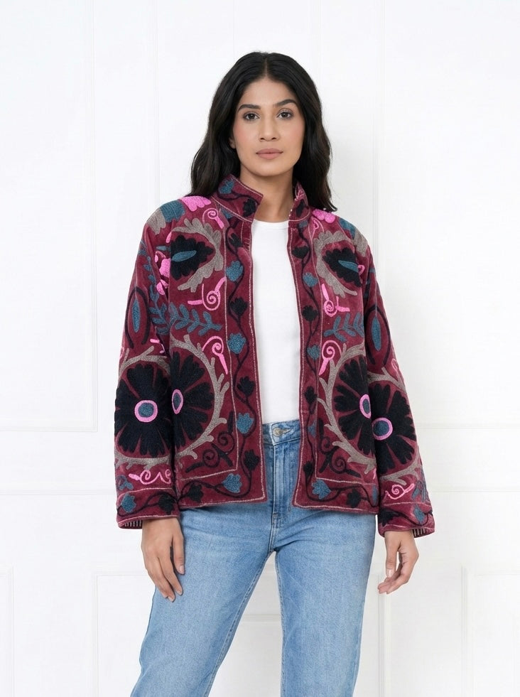 Maroon Floral Embroidered Velvet Jacket