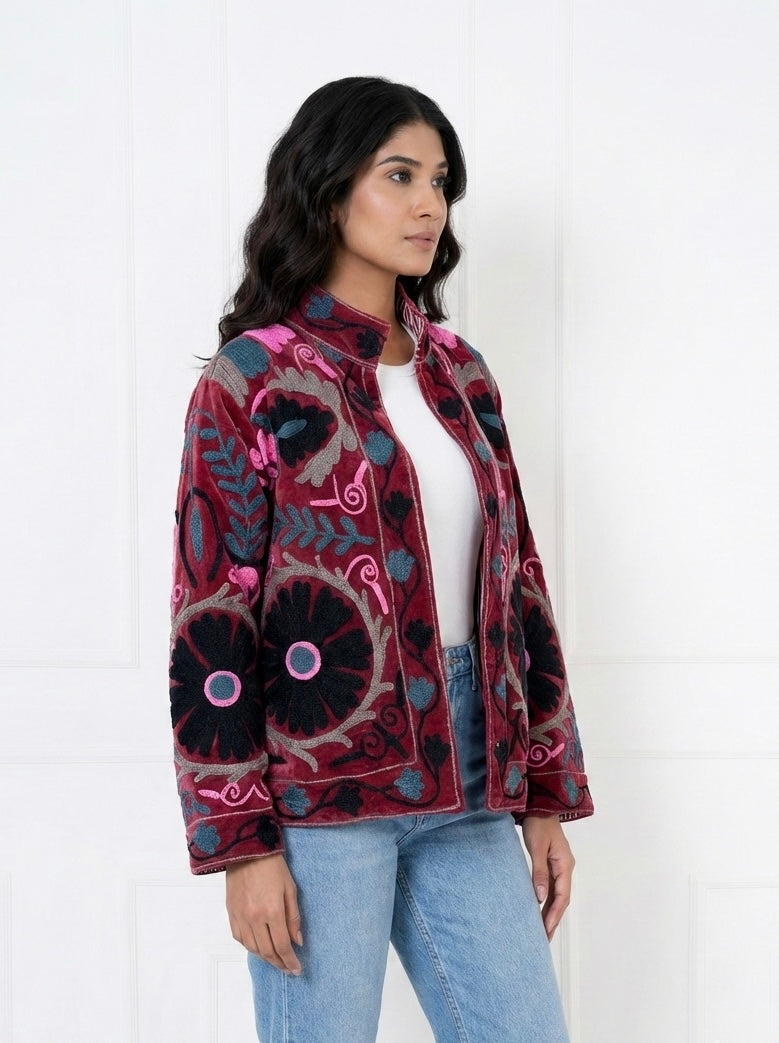 Maroon Floral Embroidered Velvet Jacket