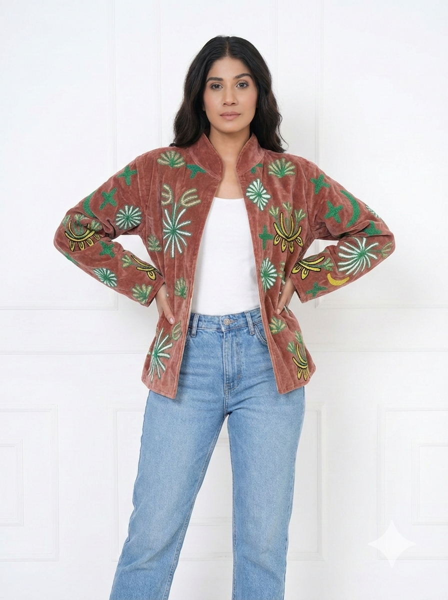 Wild Leopard Embroidered Velvet Jacket