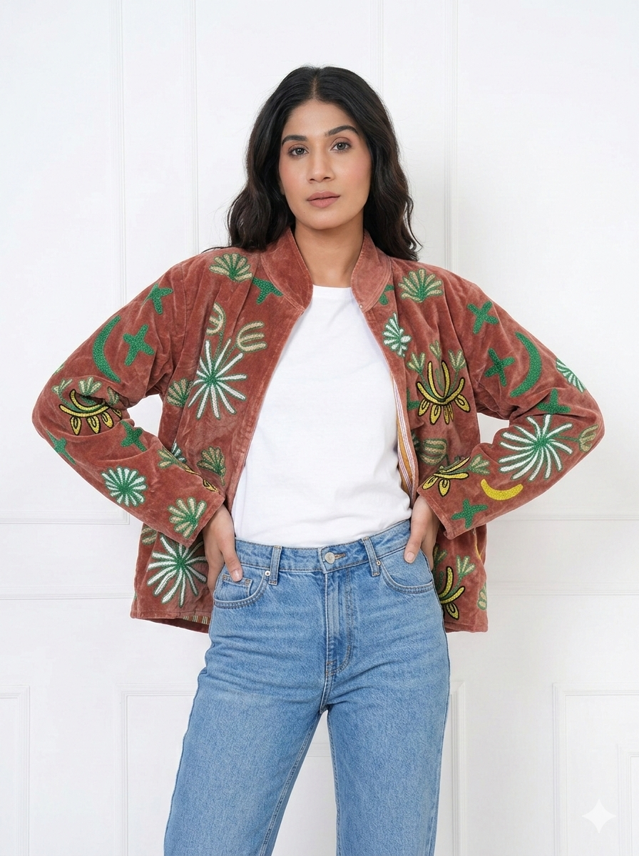 Wild Leopard Embroidered Velvet Jacket
