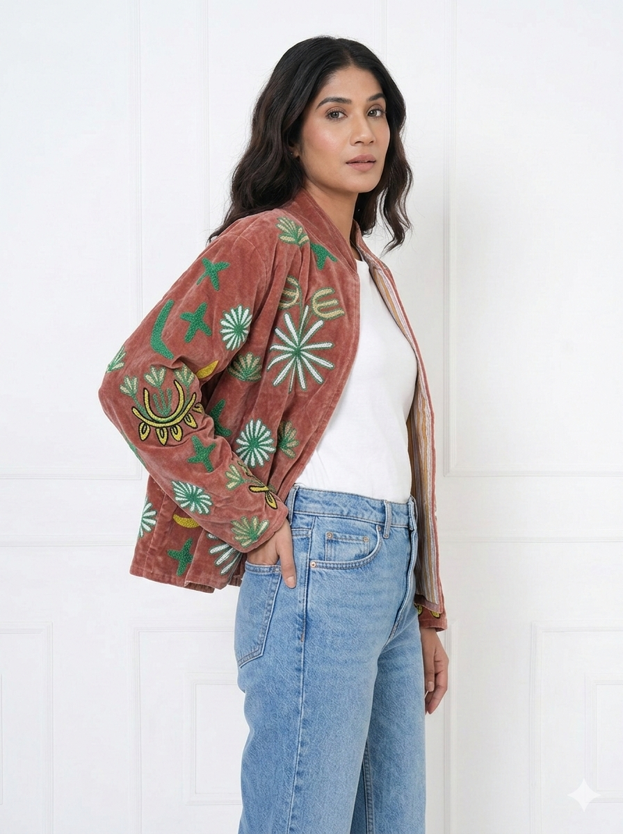 Wild Leopard Embroidered Velvet Jacket