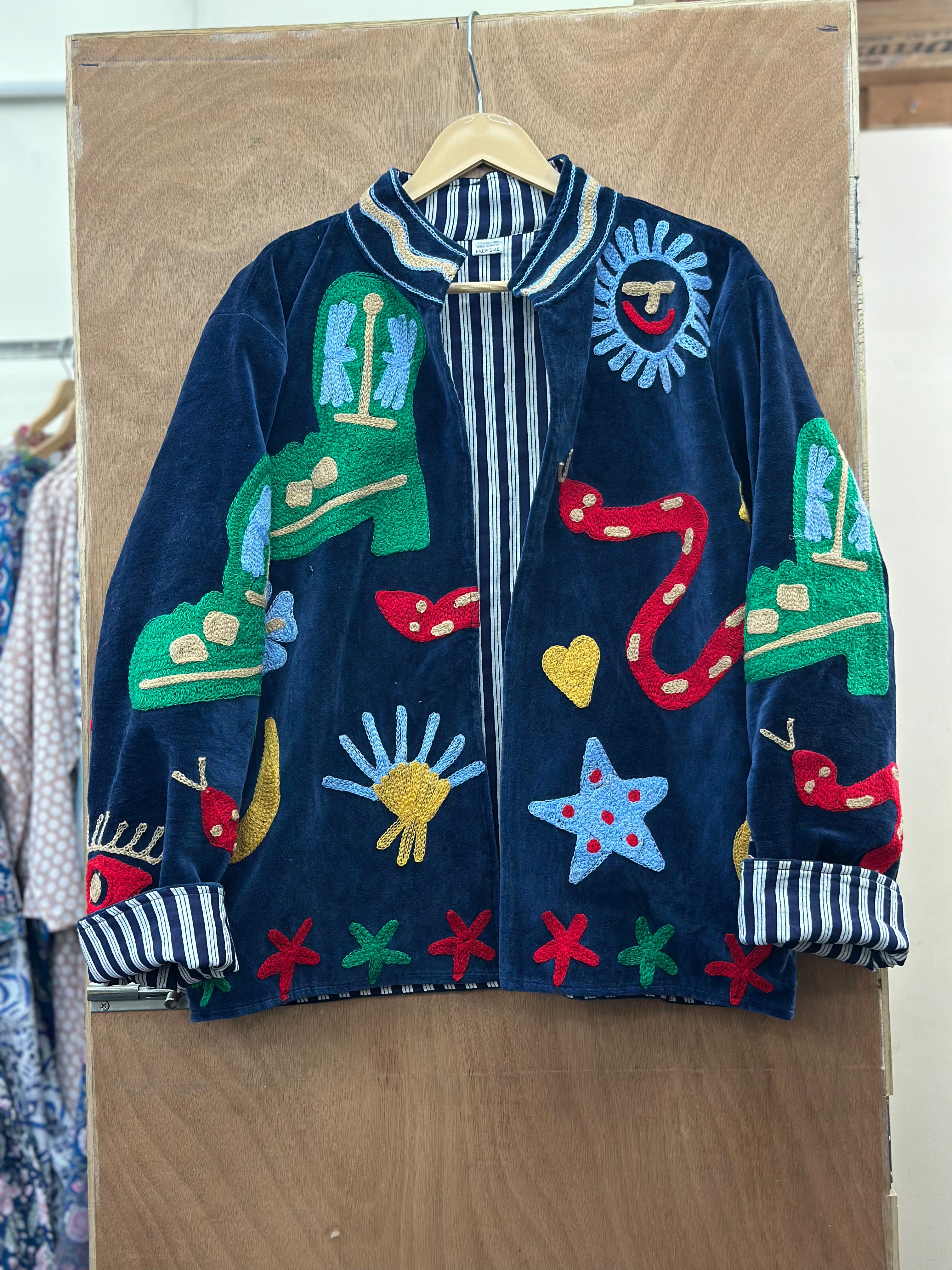 “Midnight” Blue Velvet Embroidered Statement Jacket