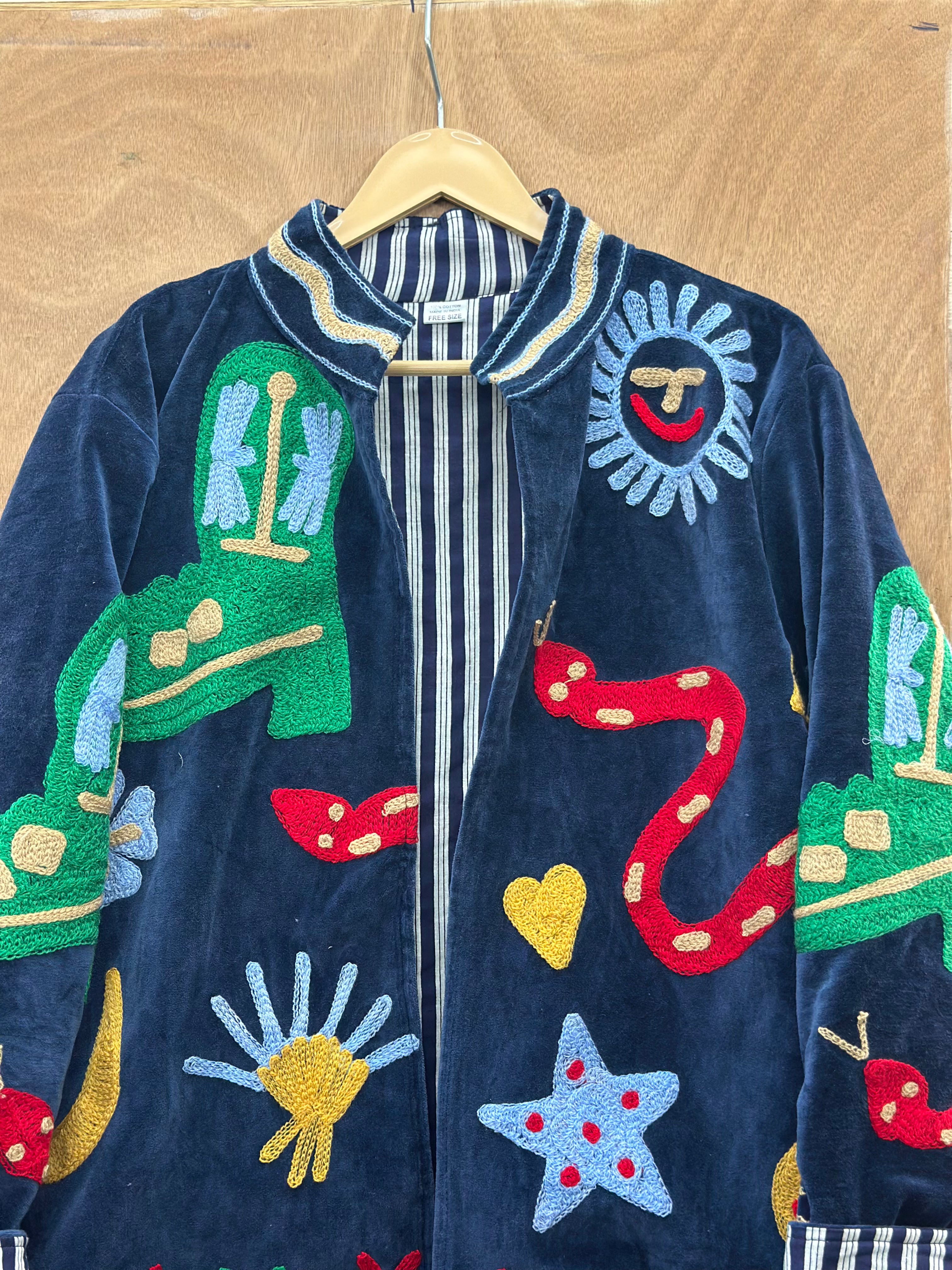 “Midnight” Blue Velvet Embroidered Statement Jacket