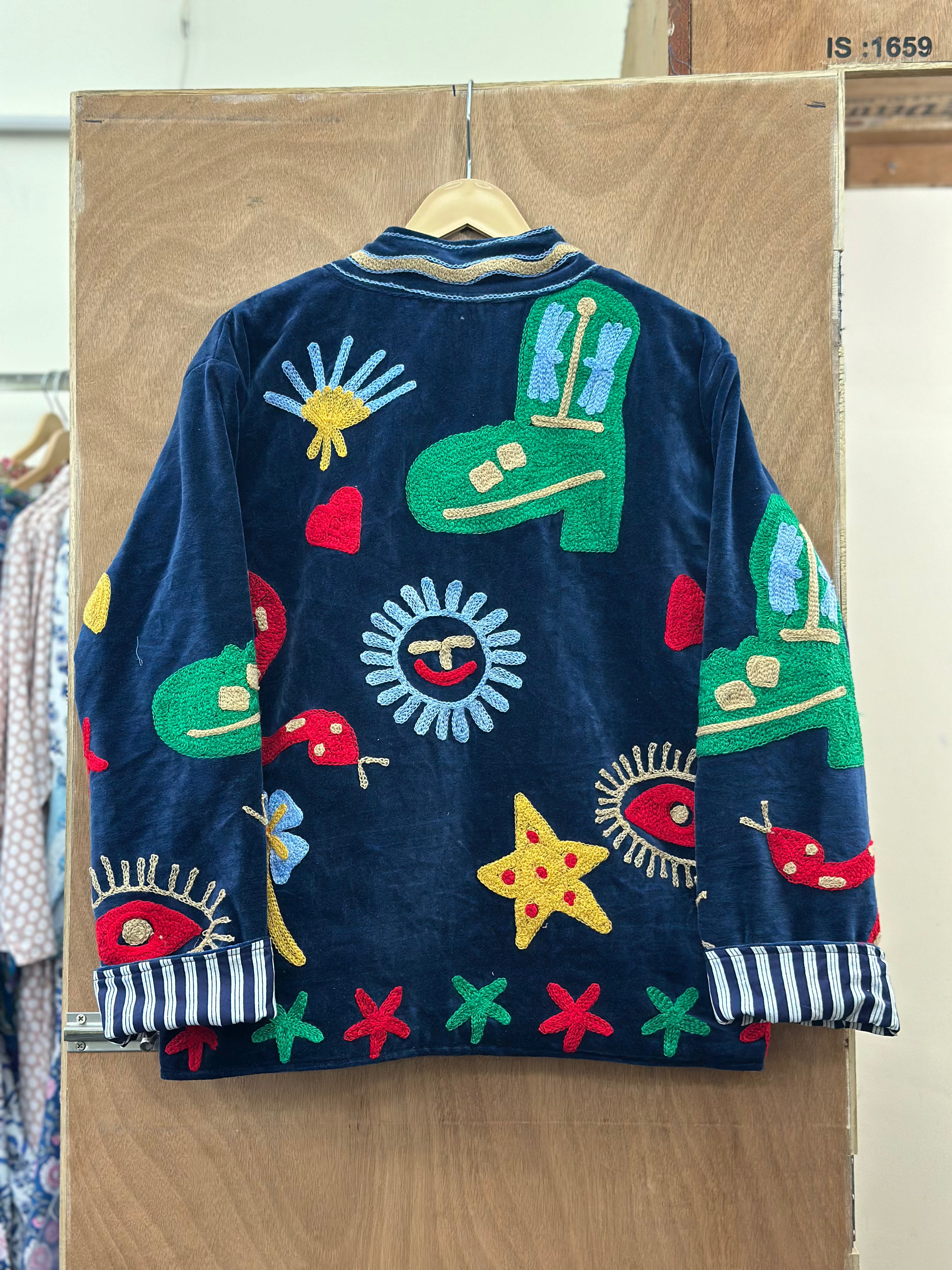 “Midnight” Blue Velvet Embroidered Statement Jacket