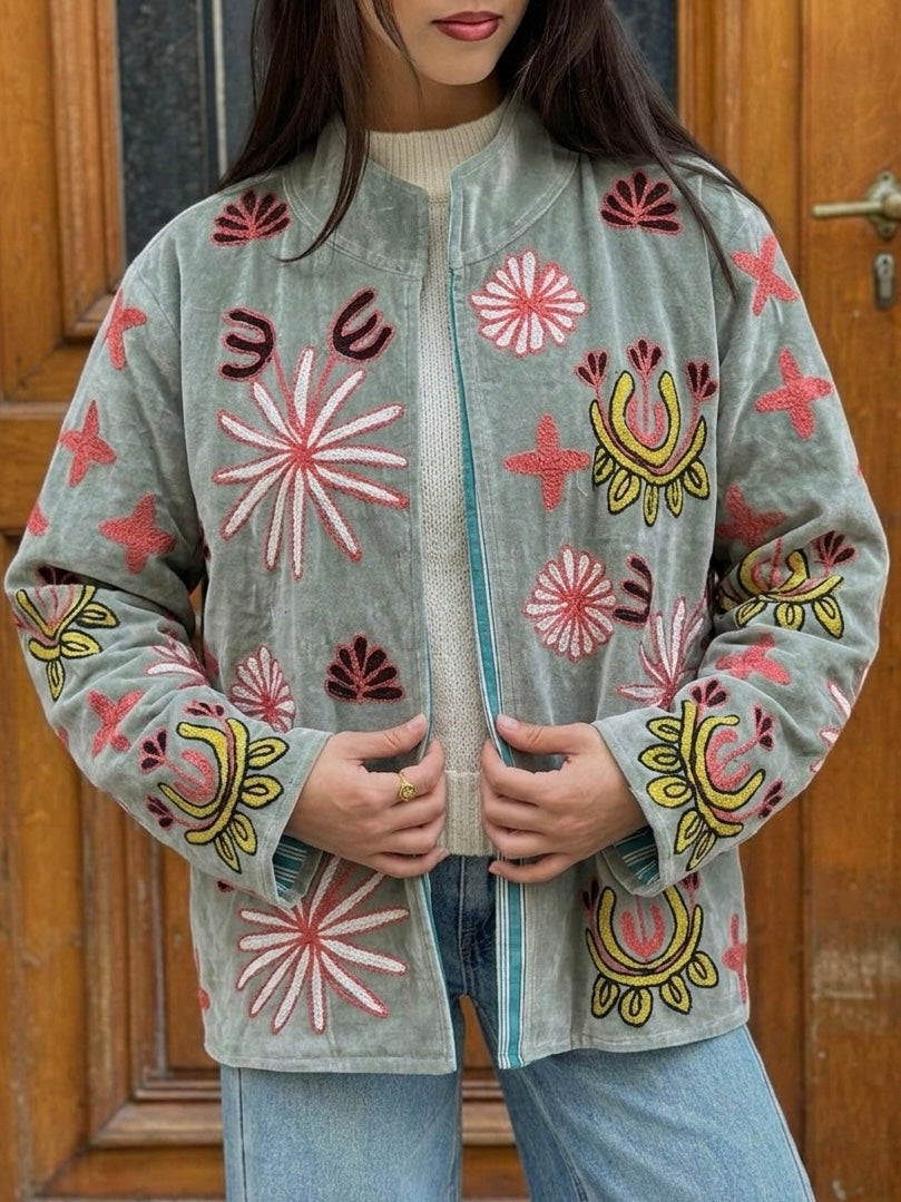 Grey Velvet Leopard Embroidered Jacket