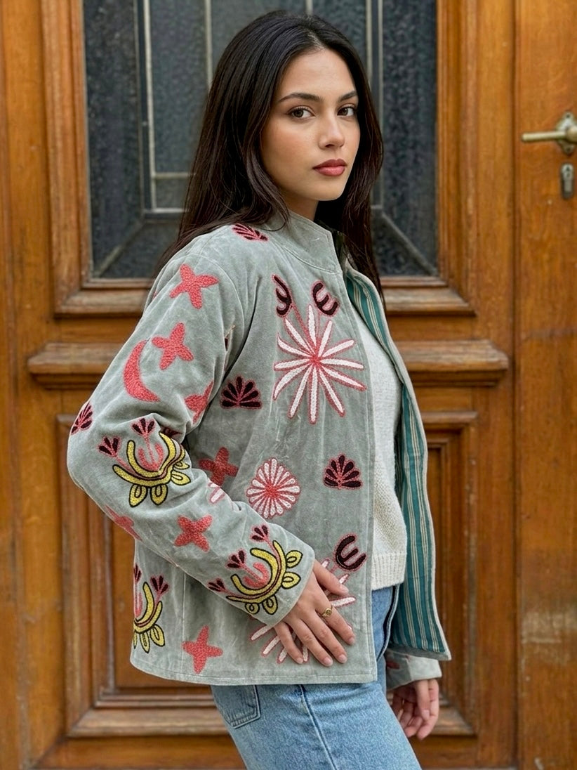 Grey Velvet Leopard Embroidered Jacket