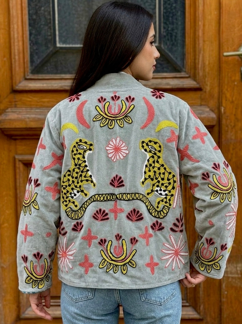 Grey Velvet Leopard Embroidered Jacket